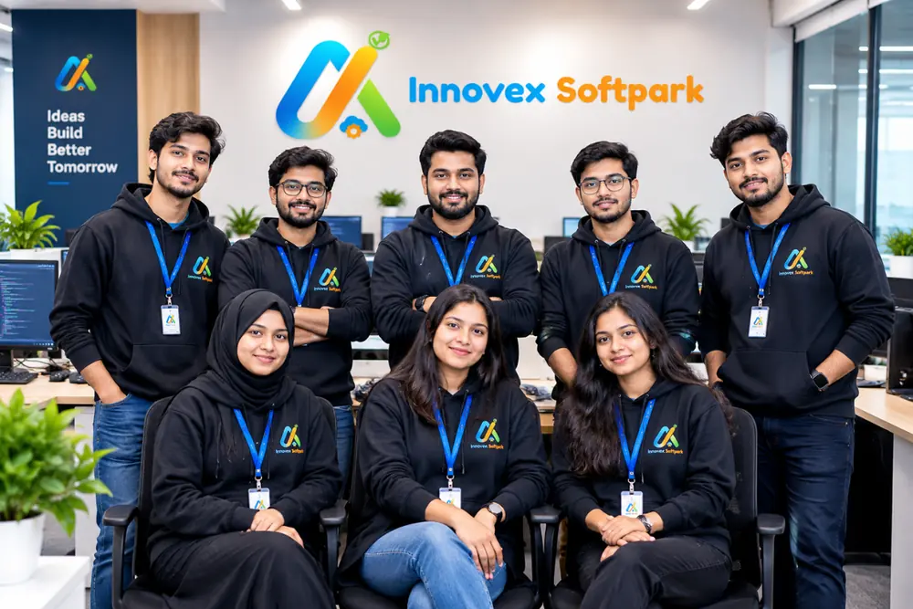 Group photo of the Innovex Softpark team in the office, wearing company hoodies and lanyards
